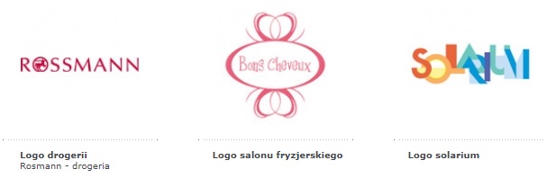 przykłady logo drogerii, salonu fryzjerskiego oraz solarium