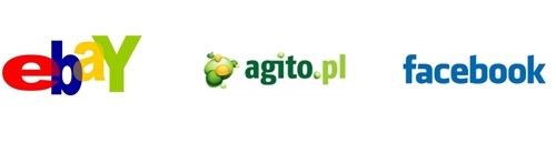 logo sklepów internetowych eBay i Agito oraz portalu społecznościowego Facebook