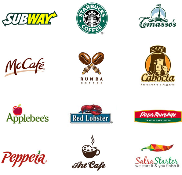 dwanaście wzorów logotypów restauracji oraz kawiarni