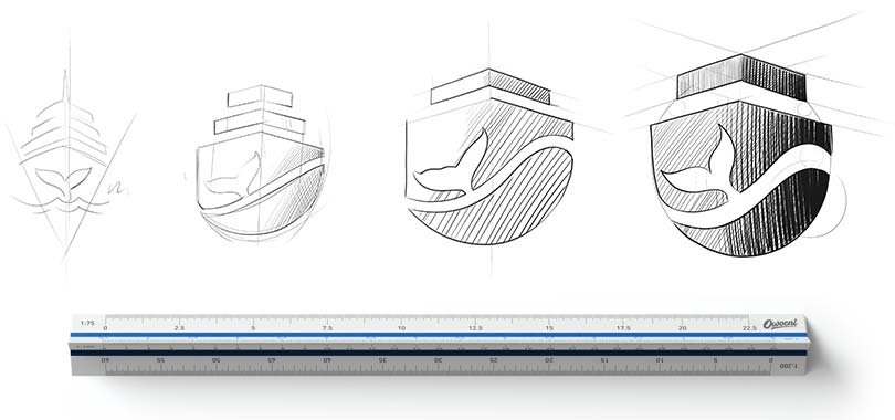 Szkice przedstawiające proces projektowania logo